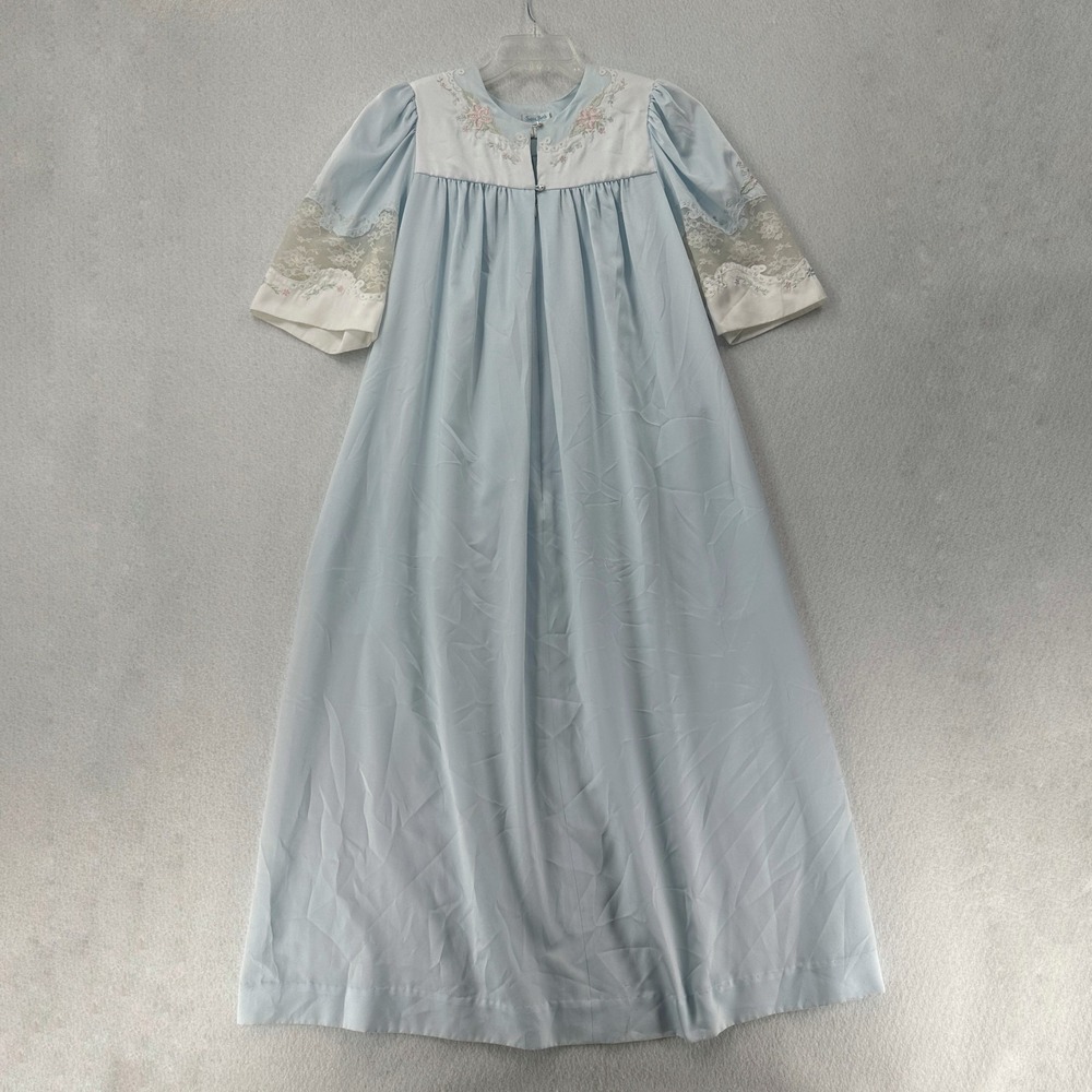 Sara Beth Long Nightgown Floral‎ Embroidery Lace Trim White Satin Sheer Sleeves